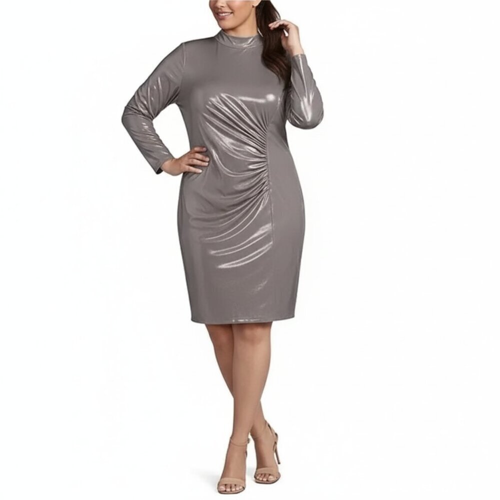 Vince Camuto Metallic Taupe Long-Sleeve Ruched Mini Dress